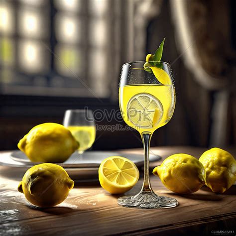 Homemade Limoncello Spritz Drink Of Liqueur Sparkling Wine And Lemon In