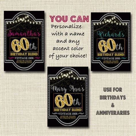 Editable 60th Birthday Custom Wine Labels Cheers To 60 Years Etsy Canada