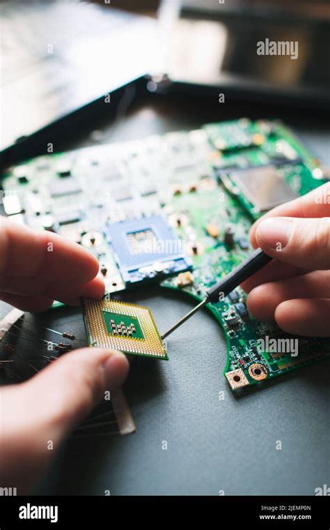 Analysis Installing Of Processor In Cpu Socket Stock Photo Alamy