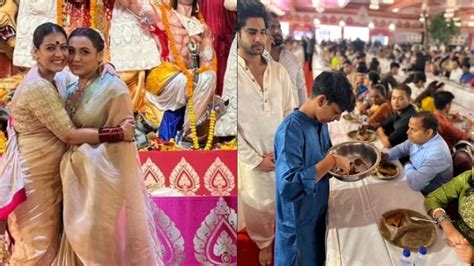 Kajol Cutely Poses With Rani Mukerji Son Yug Serves Bhog At Durga Puja