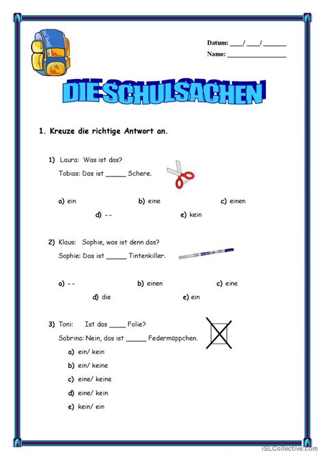 Schulsachen Deutsch DAF Arbeitsblätter pdf doc