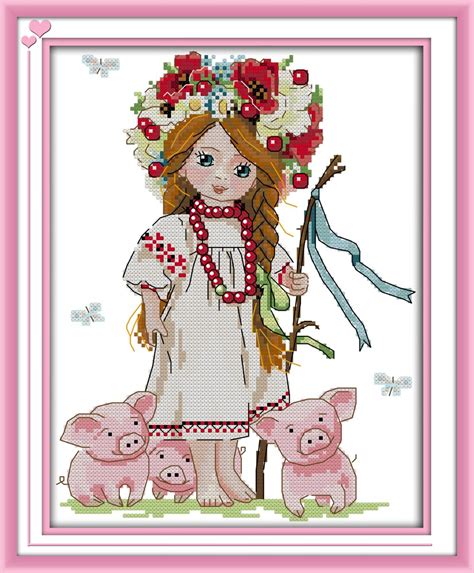 Girl And Piglets Cross Stitch Kit Aida 14ct 11ct Count Printed Canvas