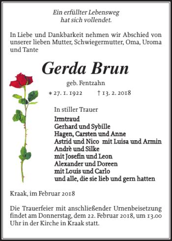 Traueranzeigen Von Gerda Brun Trauer Nordkurier