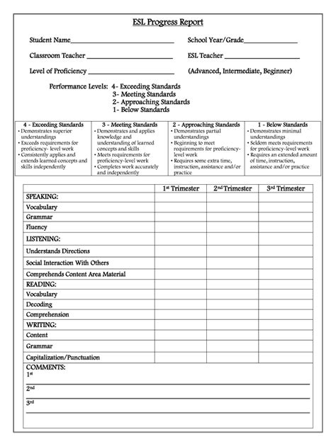 Printable Esl Progress Report Template Printable Templates