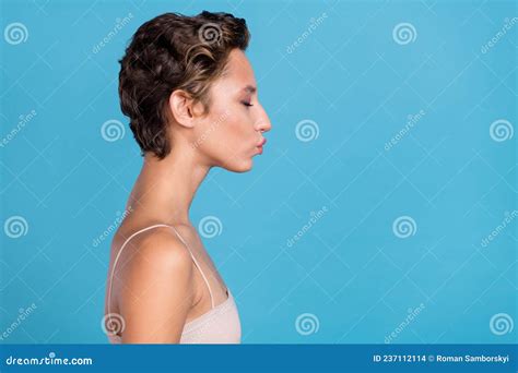 Profile Side View Portrait Of Attractive Dreamy Girl Sending Kiss Copy Space Isolated Over