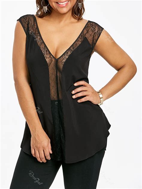 Off Plus Size See Thru Plunging Neck Tank Top Rosegal