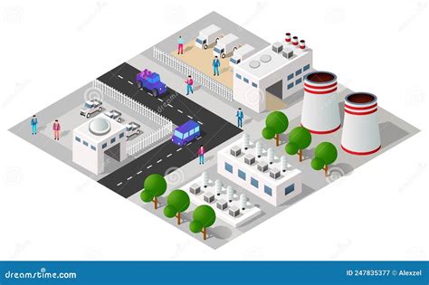 City Urban Area Map Isometric Factory Industrial Zone 3D Illustration