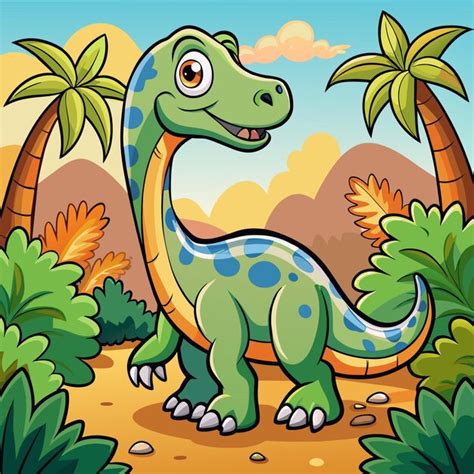 Una Caricatura De Un Dinosaurio Con Palmeras Y Un Cielo Azul Vector