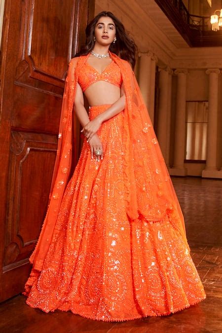 Buy Orange Net Embroidery Sequin Neon Abstract Pattern Bridal Lehenga