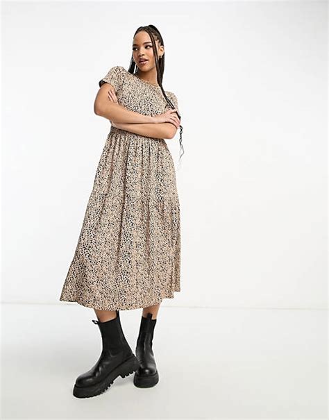 Wednesdays Girl Smudge Spot Tiered Midi Dress In Neutral Asos