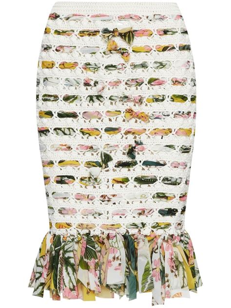 Oscar De La Renta Floral Print Crochet Skirt Neutrals Farfetch