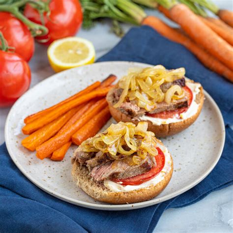 Mealime Open Face Steak Sandwiches With Onions Lemon Aioli And Roasted