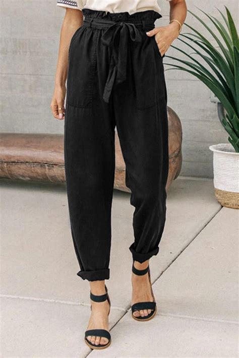 Us 9 18 Dropship Black Paper Bag Elastic Waistband Casual Pants