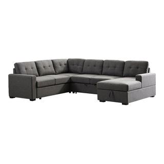 Bowery Hill Dark Gray Linen Fabric Sleeper Sectional Sofa With Storage