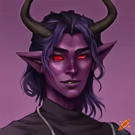 Male Tiefling With Long Black Hair Red Eyes Lavender Skin And Horns