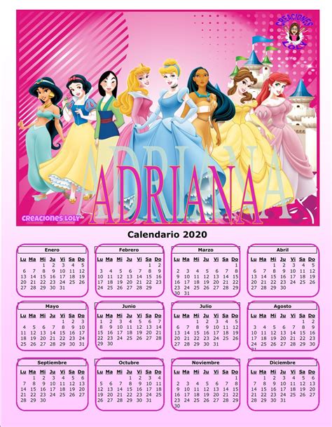 Creaciones Loly Almanaque Calendario Español 2020 Princesas Disney