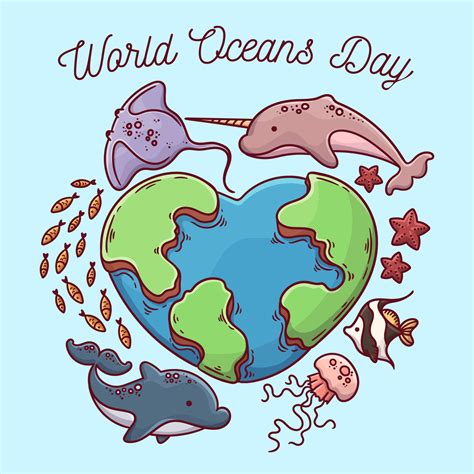 Hand Drawn World Oceans Day Design With Heart Globe Download Free