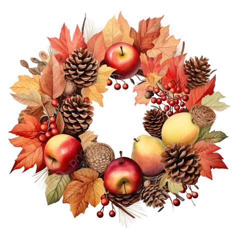 Thanksgiving Wreath With Apple Cones Berries Acorns PNG Transparent