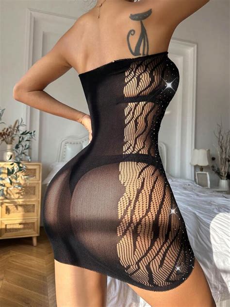 Rhinestone Studded Cut Out Bandeau Bodycon Dress Without Lingerie Set