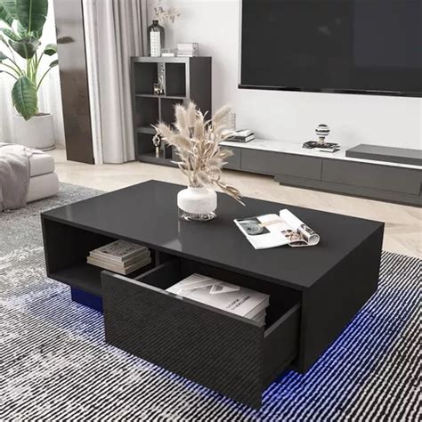 Hommpa Mesa De Centro Led Negra De Bajo Perfil Mate Con Mesa Envío gratis