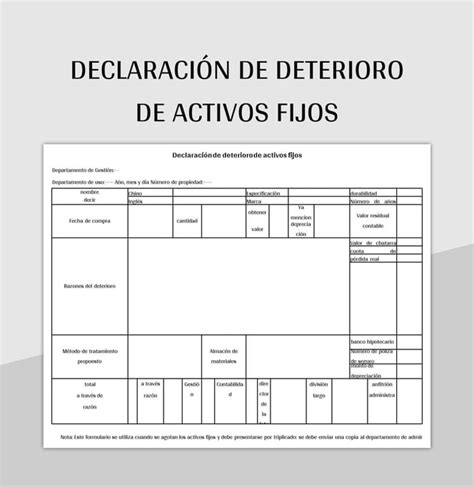 Plantilla de Formato Excel Declaración De Deterioro De Activos Fijos y