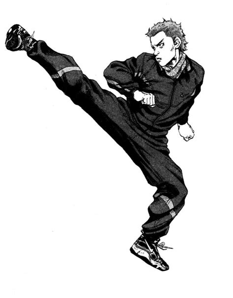 A Drawing Of A Man Doing A Kick In The Air With His Leg Up And One Hand Out