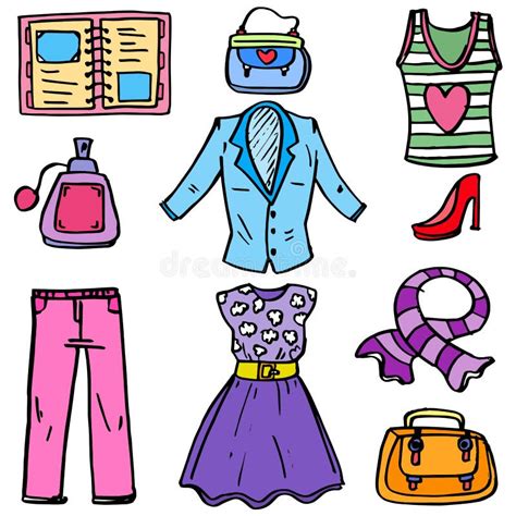 Doodle Women Object Clothes Set Stock Illustrations Doodle Women