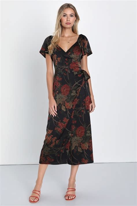 Black Floral Print Dress Faux Wrap Dress Cute Midi Dress Lulus