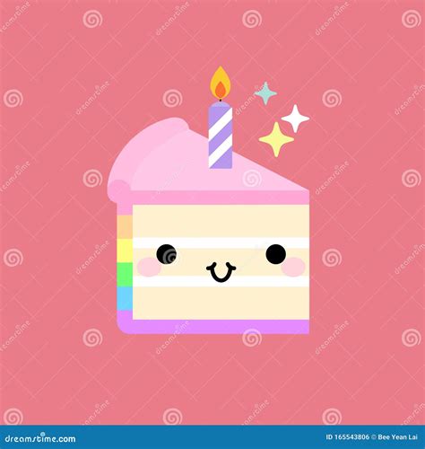 Slice Birthday Cake With Candle In Kawaii Style With Smiling Face And