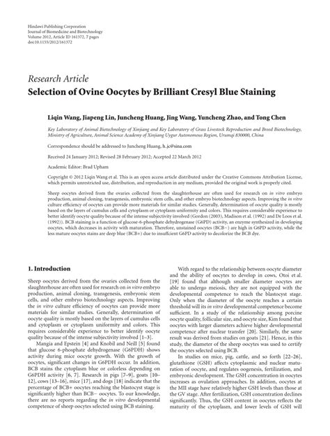 PDF Selection Of Ovine Oocytes By Brilliant Cresyl Blue Staining