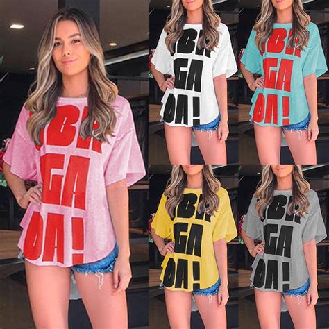 Buy Casual Women Loose Short Sleeve O Neck Letter Printed Cotton Shirt