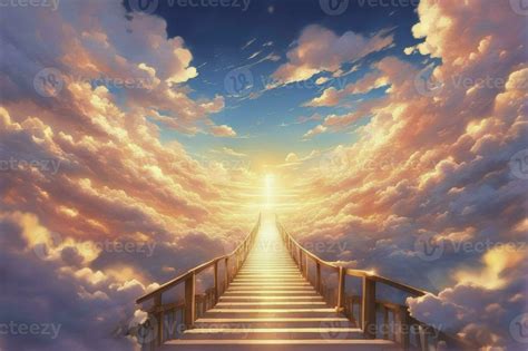 Stairway To Heaven Stairs In Sky Concept With Sun And Clouds