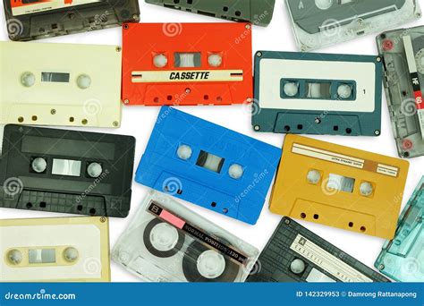 Collection Of Colorful Old Audio Cassette Tape Isolated On A White