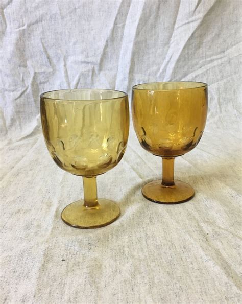 Vintage Amber Glass Thumbprint Goblets Set Of 2 Etsy