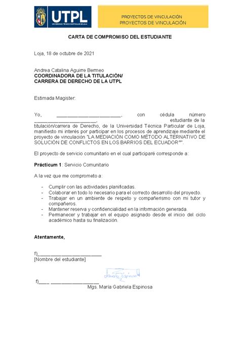 Carta De Compromiso Del Estudiante Proyectos De Vinculaci N Proyectos