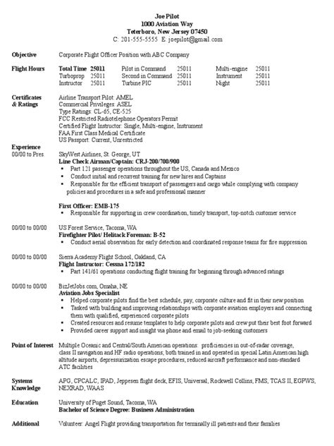 Sample Pilot Resume Template Pilot Aeronautics Flight Instructor