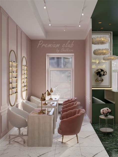 The Interior Of A Nail Salon With Pink Chairs And Marble Counter Tops