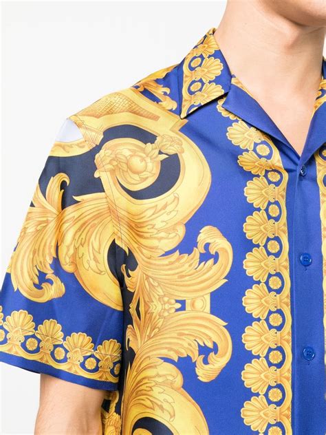 Versace Baroque Print Silk Shirt In Blue Modesens