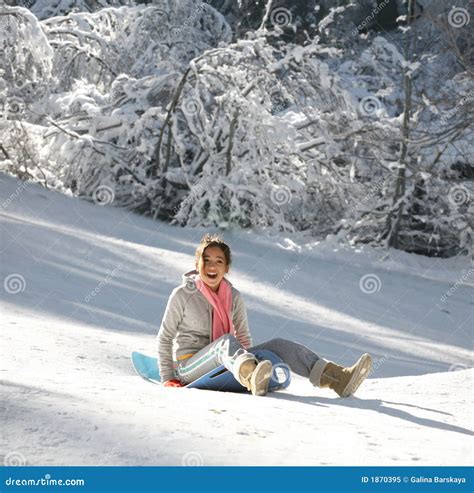 Girl On A Sled Stock Image Image Of Laughter Snow Sledding 1870395