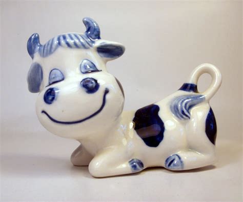 Vintage Blue And White Cow Figurine Country Farm Decor