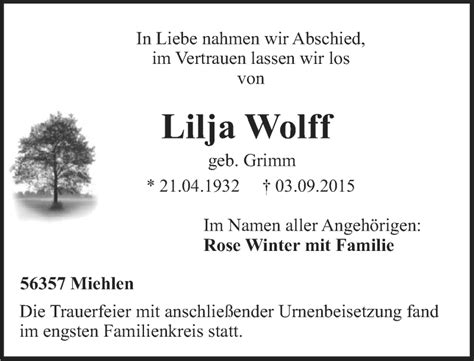 Traueranzeigen Von Lilja Wolff Rz Trauer De