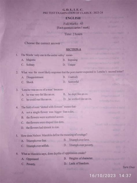 Seba Class 10 Half Yearly Exam 2023 English Question Paper Of Goalpara