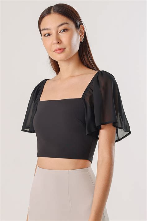 Sherrine Chiffon Flutter Sleeve Top Black Lovet