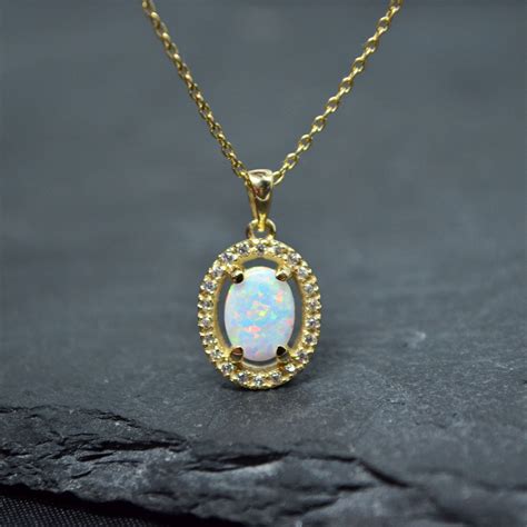 Opal Pendant Necklace In 14k Solid Gold Opal Jewelry Zircon Etsy