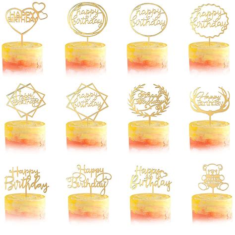 Buy 12 Pcs Happy Birthday Cake Toppers Gold Glitter Cake Topper Set