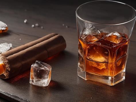 Premium Ai Image Glass Of Whiskey With Ice Cubes And Smoldering Cigar