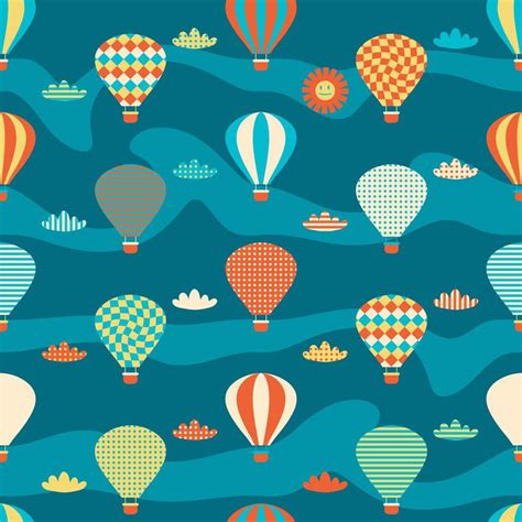 Groovy Seamless Pattern With Hot Air Balloons Clouds And Sun Vector Art At Vecteezy