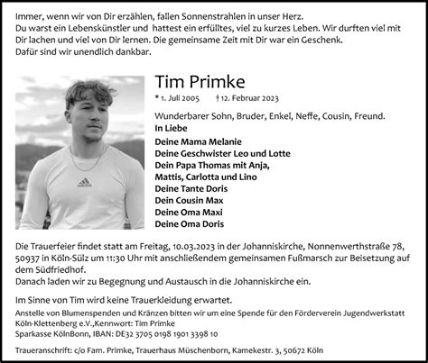 Traueranzeigen Von Tim Primke WirTrauern