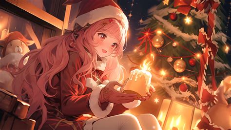 Free Download Christmas Anime Girl With Candle Desktop Wallpaper Free