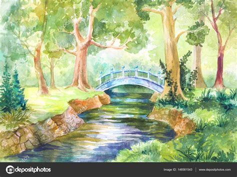 Forest Landscape In Watercolor A Bridge Across The River Walk Stock